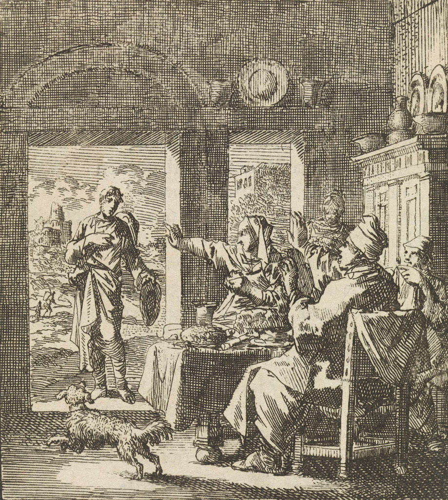 Detail of Family makes dismissive gestures to a poor man who asks for help by Cornelis van der Sys II