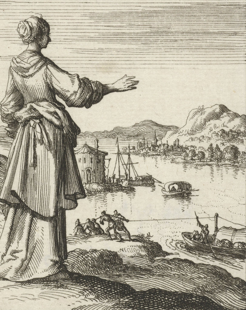 Detail of Woman overlooking a bay where a ship is towed by Pieter Arentsz II