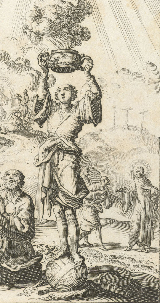 Detail of Figure stands on an orb and holds a smoking sacrifice dish in the air by Jurriaen van Poolsum