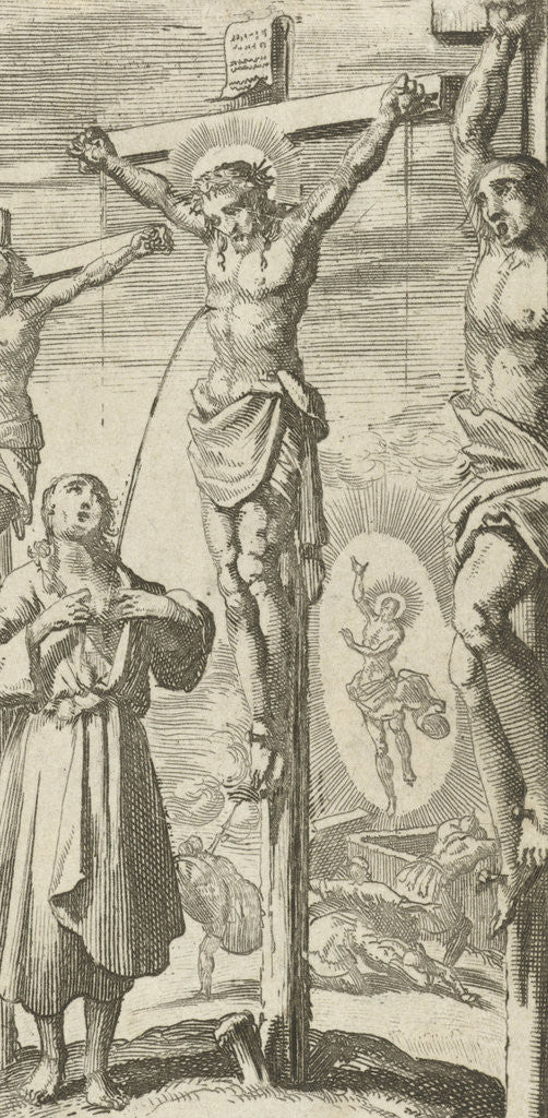 Detail of Man receives blood at Calvary of the crucified Christ by Barent Bos