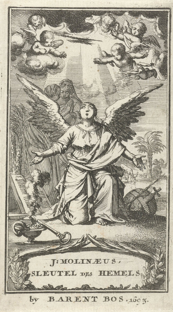 Detail of Angel praying with outstretched arms to God by Barent Bos