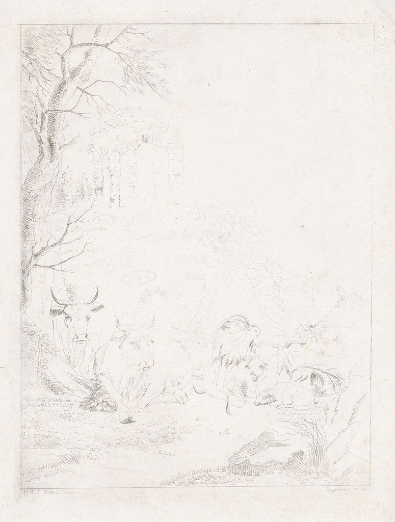 Detail of Cows, goats and sheep in a mountainous landscape with ruins by Diederik Jan Singendonck