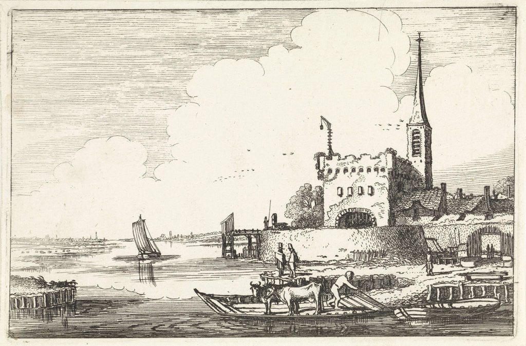 Detail of cattle at a fort in a river landscape by Jan van de Velde II