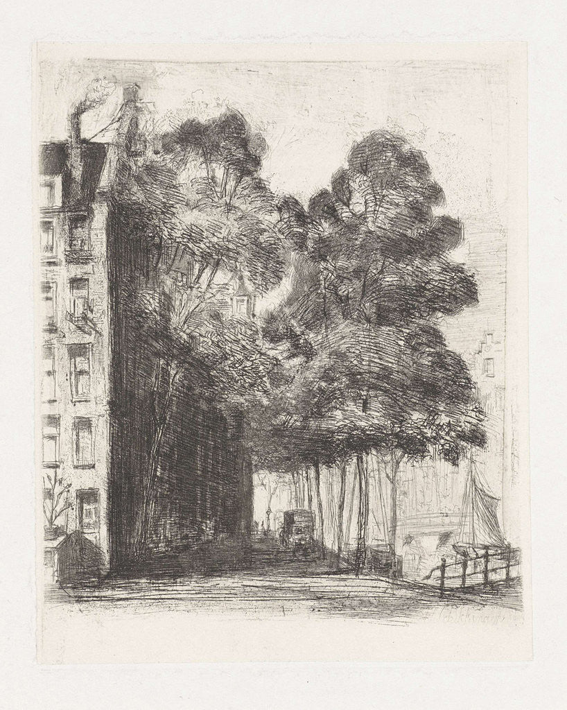 Detail of View of a corner house on a canal in Amsterdam by Frans Schikkinger