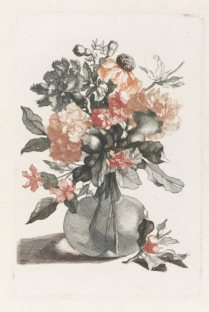 Detail of Glass vase with flowers and before the vase a branch with flower by Johan Teyler