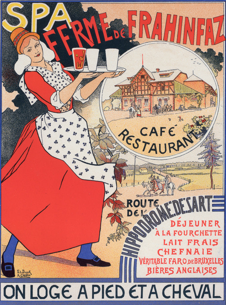 Detail of Belgium poster for Ferme de la Frahinfaz. cafe restaurant near Spa Belgium 1896 by Adolphe Crespin