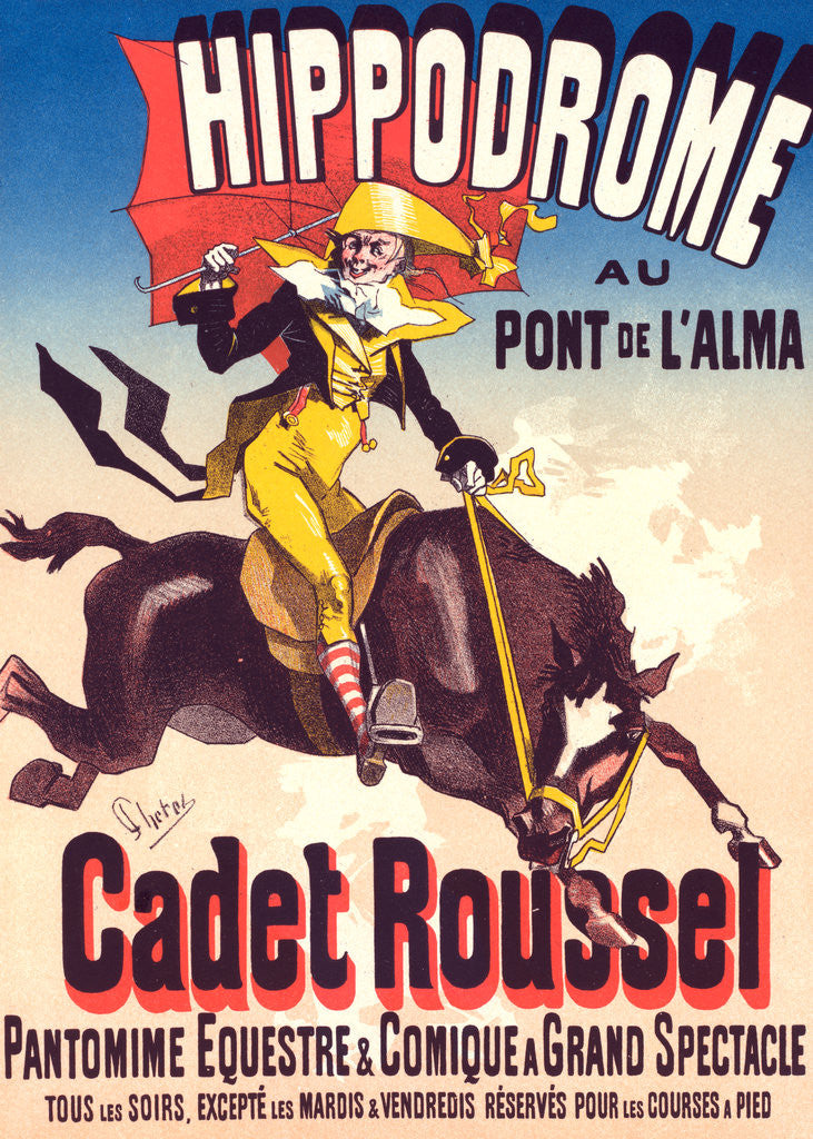 Detail of Poster for l'Hippodrome, Cadet Roussel. An equestrian spectacle at the Hippodrome, 1882 by Jules Chéret