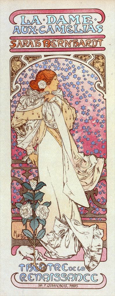 Detail of Poster for Théâtre de la Renaissance, la Dame aux Camélias, Sarah Bernhardt by Alphonse Mucha