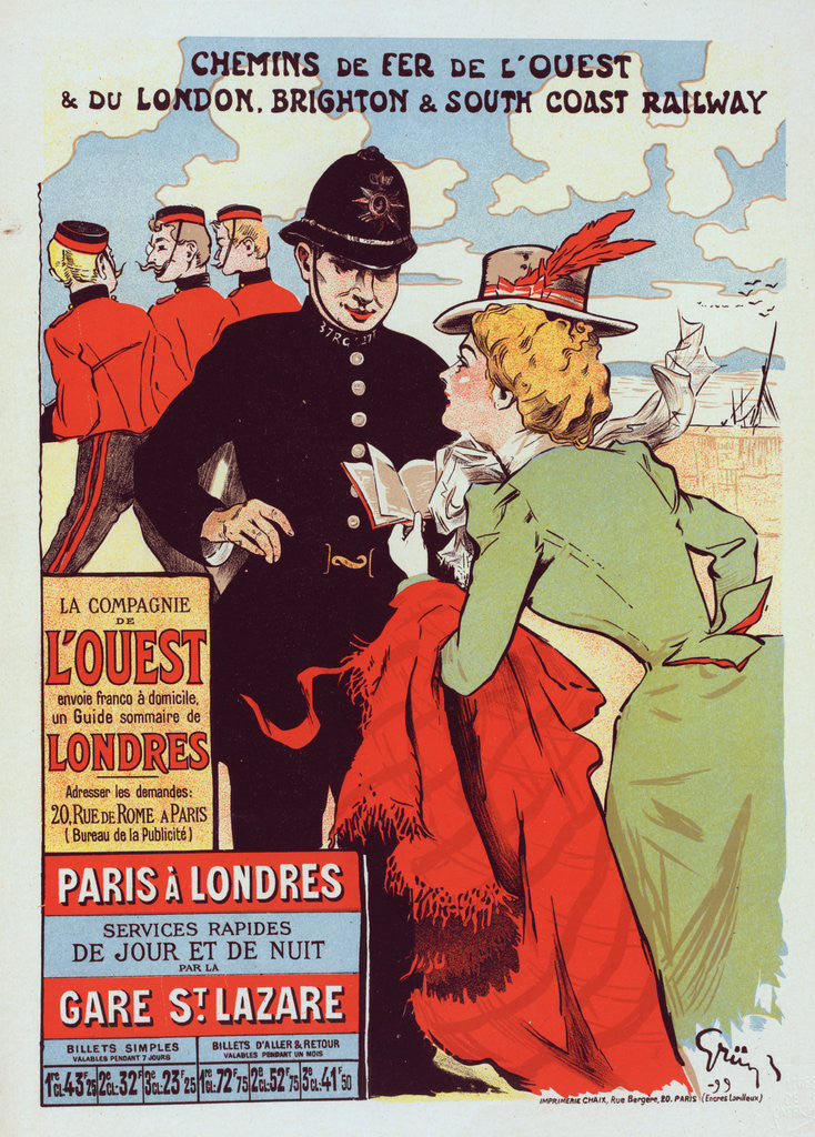 Detail of Poster for la Cie de l'Ouest, Paris-Londres, Paris - London. Trains from Paris to London for the compagnie the chemin des fer de l'ouest by Jules-Alexandre Grün