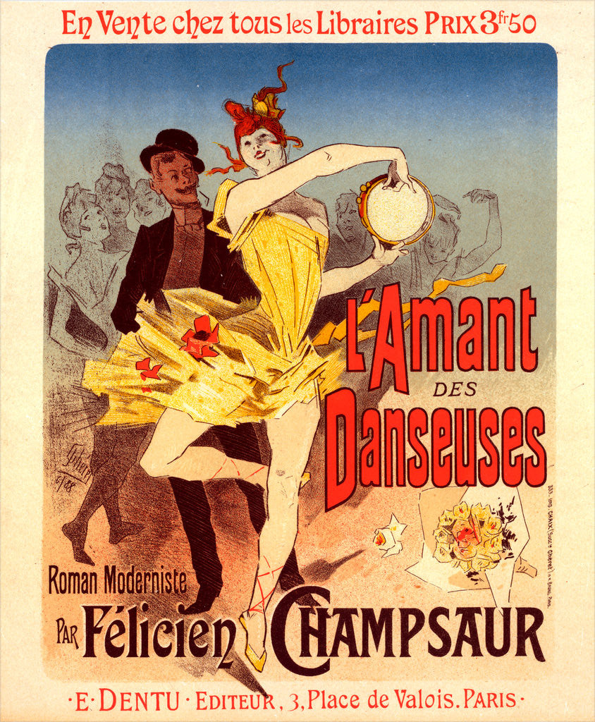 Detail of Poster for l'Amant des Danseuses, the lovers of dancers, a novel by M. Félicien Champsaur, 1888 by Jules Chéret