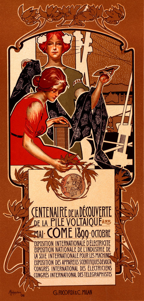 Detail of Italian poster for le Centenaire de la Découverte de la Pile Voltaïque by Adolf Hohenstein
