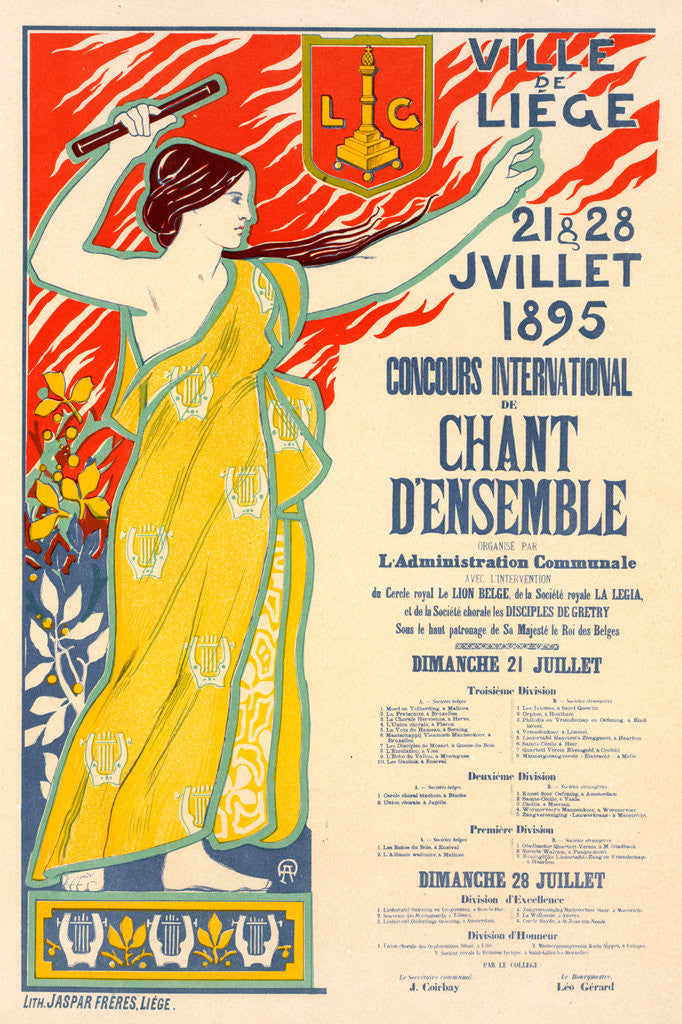 Detail of Belgian Poster for le Concours international de Chant d'ensemble, organisé par la ville de Liège by Auguste Donnay