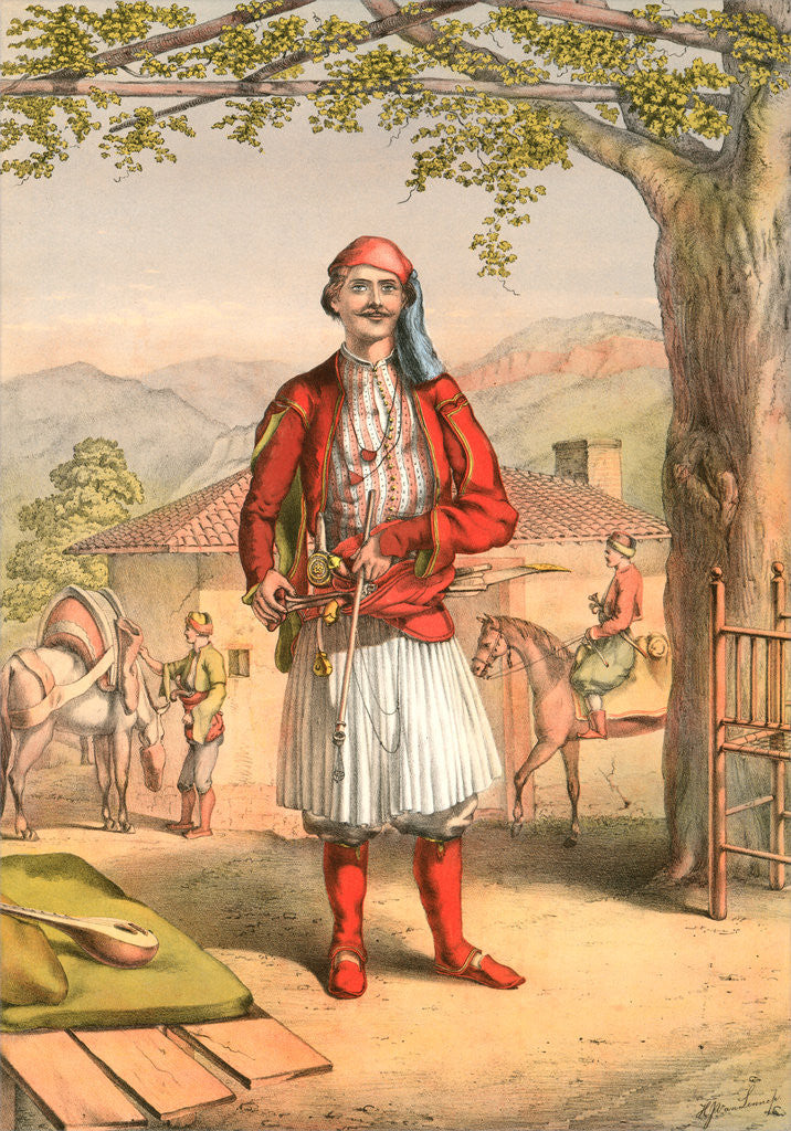Detail of Albanian guard or soldier, Travels through Turkey 1862 by Henry J. Van Lennep