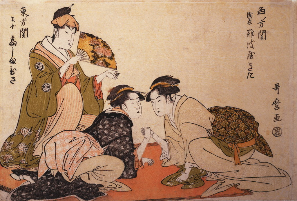 Detail of Nibijin ude-zumô, Arm-wrestling between two beauties by Utamaro Kitagawa
