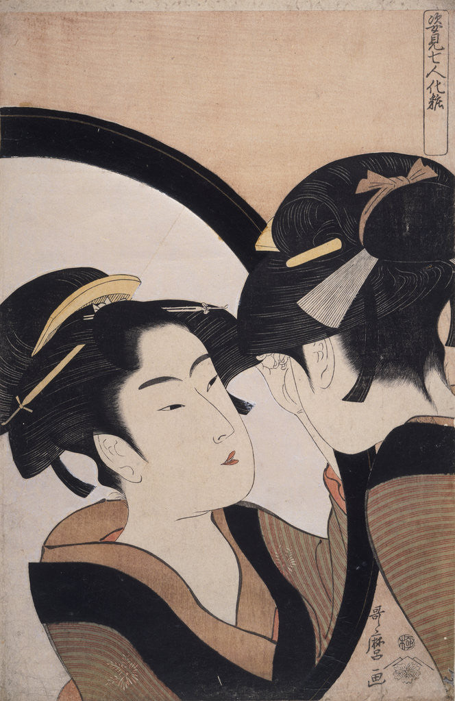 Detail of Sugatami shichinin keshô, Seven women applying make-up using a full-length mirror by Utamaro Kitagawa