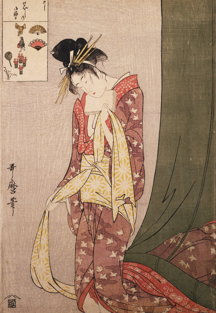Detail of Ôgiya Hanaôgi, Ôgiya Hanaôgi, picture riddle by Utamaro Kitagawa