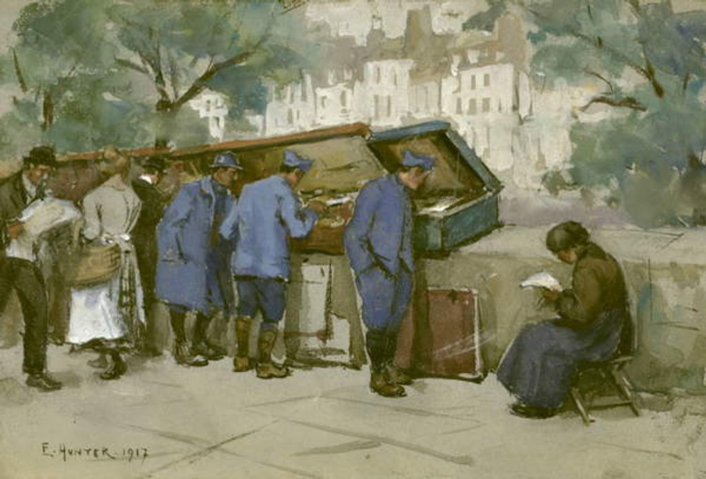 Detail of French soldiers and Bouquinistes along the Seine, 1917 by Ethel Hunter