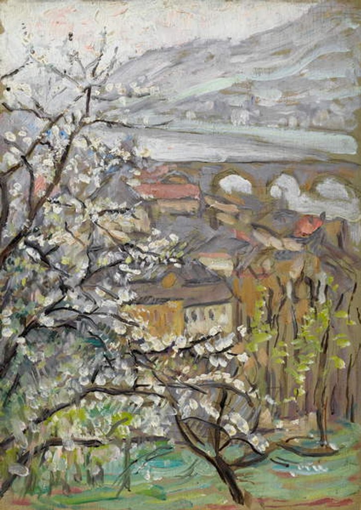 Detail of View across an orchard over a bridge and estuary by Arthur Haythorne Studd