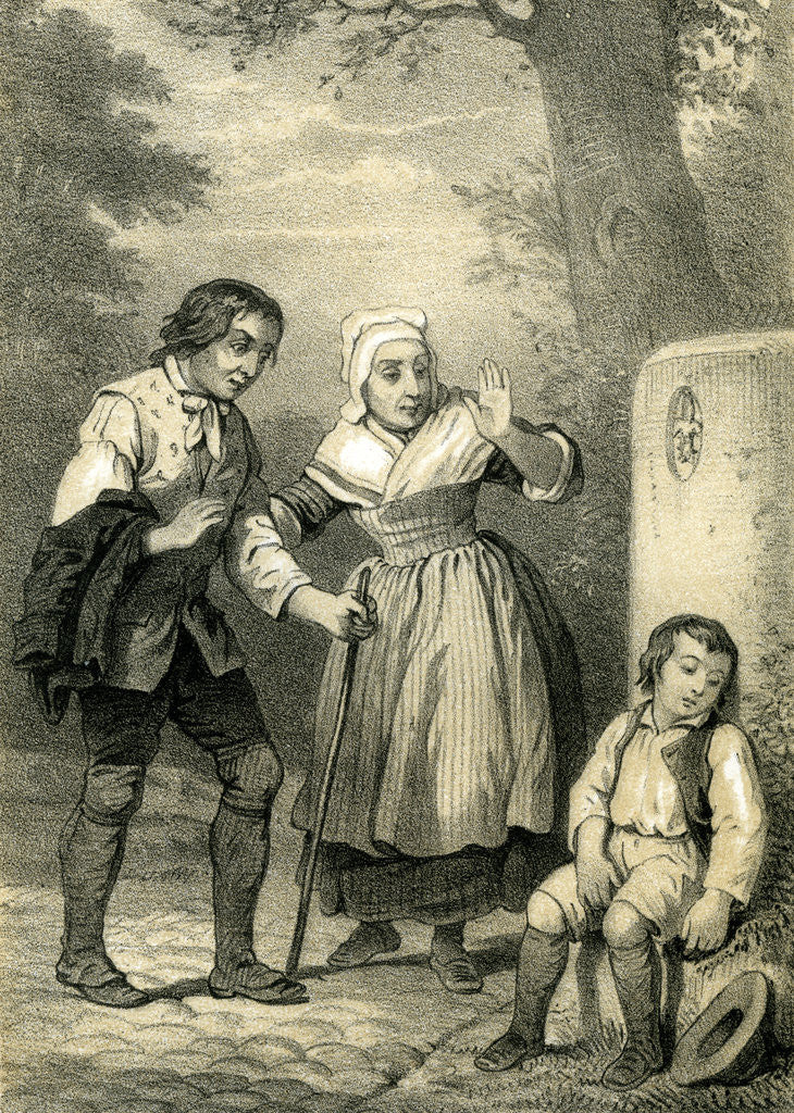 Detail of Young Sleeping Child 19th Century Hat Woman Man Walking Stick Country Side Walk by Anonymous