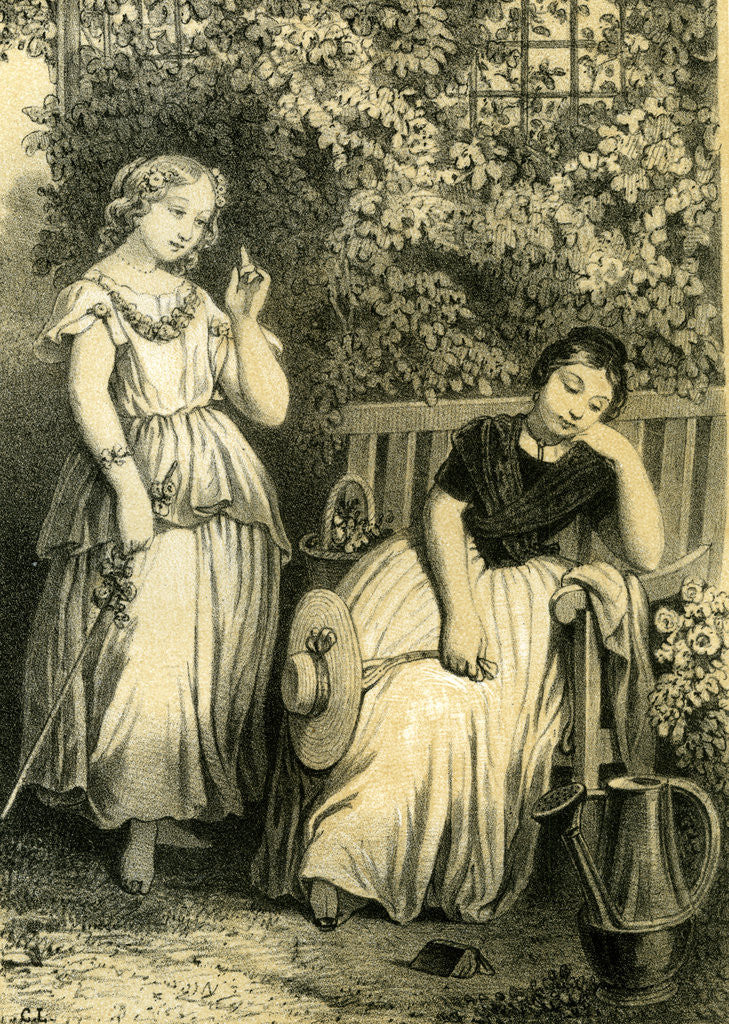 Detail of Garden Girls 19th Century Bench Flowers Hat Closed Eyes Book by Anonymous