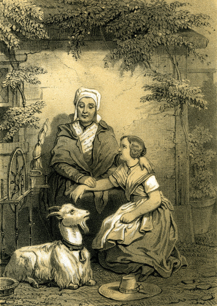 Detail of Goat Woman Girl Spinning Wheel 19th Century Hat Garden by Anonymous