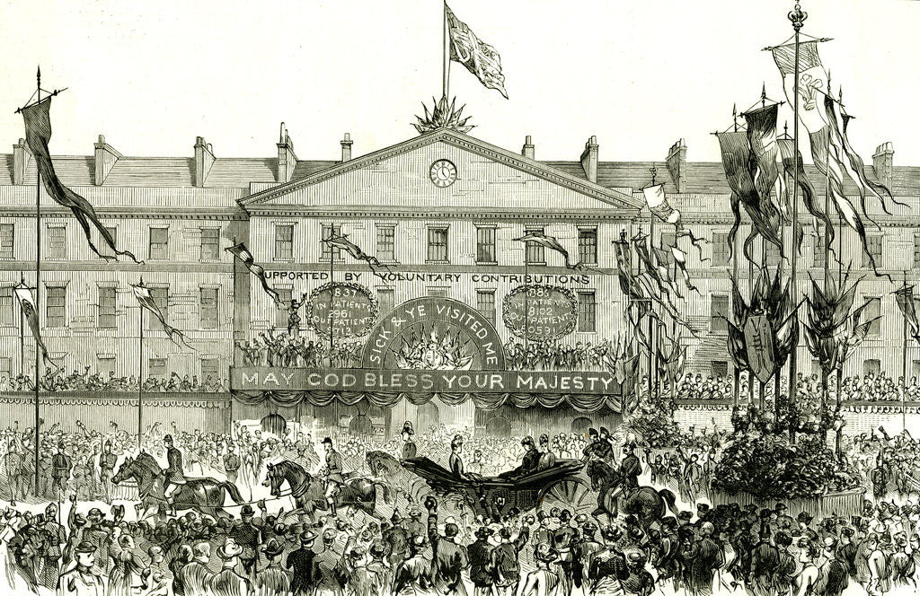 Detail of The Royal Procession Passing the London Hospital May God Bless Your Majesty Voluntary Contributions People Horses Flags Events Happy Crowd by Anonymous