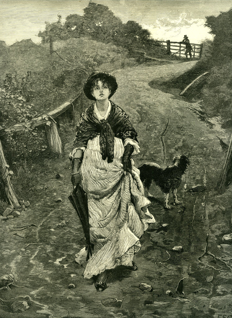 Detail of A Tiff 1878 Outdoors Nature Walk Woman Dog Fence Man Country Lane Umbrella Hat by Anonymous