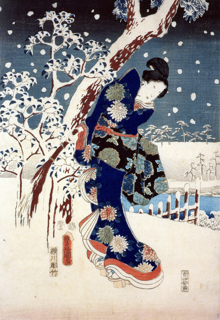 Detail of Snow Scene in the Garden of a Daimyo, part of Triptych by Ando or Utagawa Hiroshige