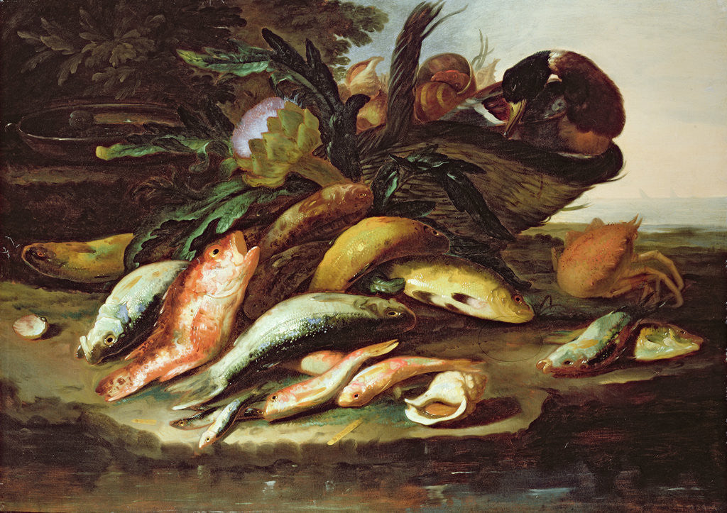Detail of Still Life with Dead Fish and Game by Giuseppe Recco