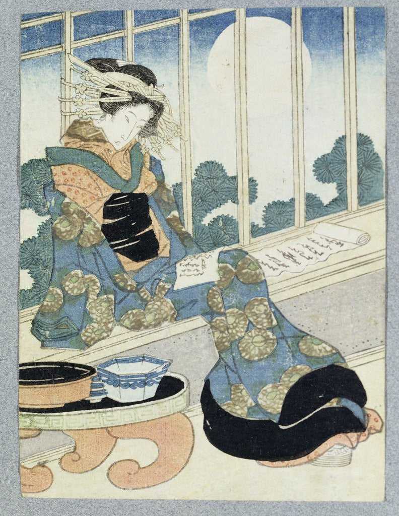 Detail of Japanese Lady Reading by Moonlight by Keisai Yeisen