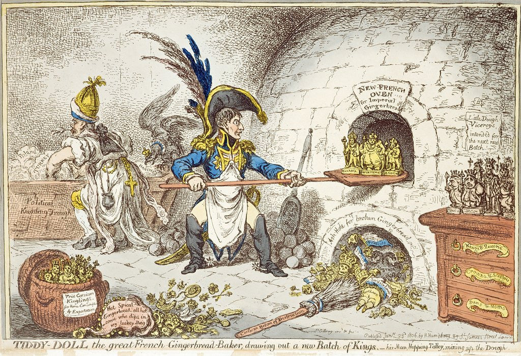 Detail of 'Tiddy-Doll, the Great French Gingerbread Maker, Drawing Out a New Batch of Kings. His Man, Hopping Talley, Mixing Up the Dough', pub. by Hannah Humphrey, 23rd January 1806 by James Gillray