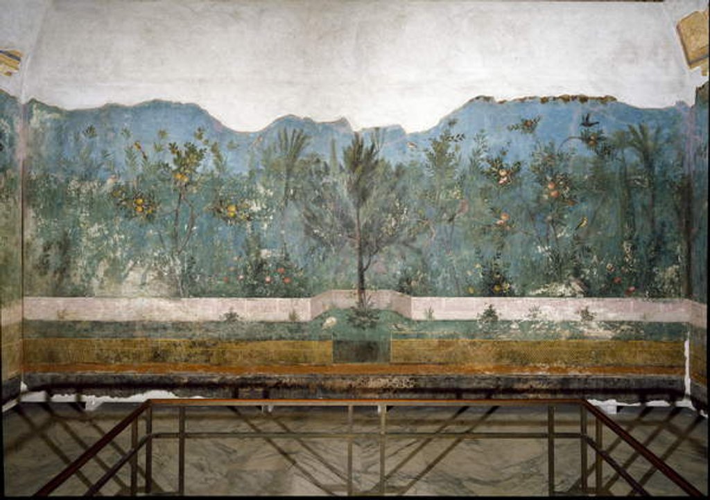Detail of Trompe l'oeil garden from the Villa of Livia, 40-20 BC by Roman