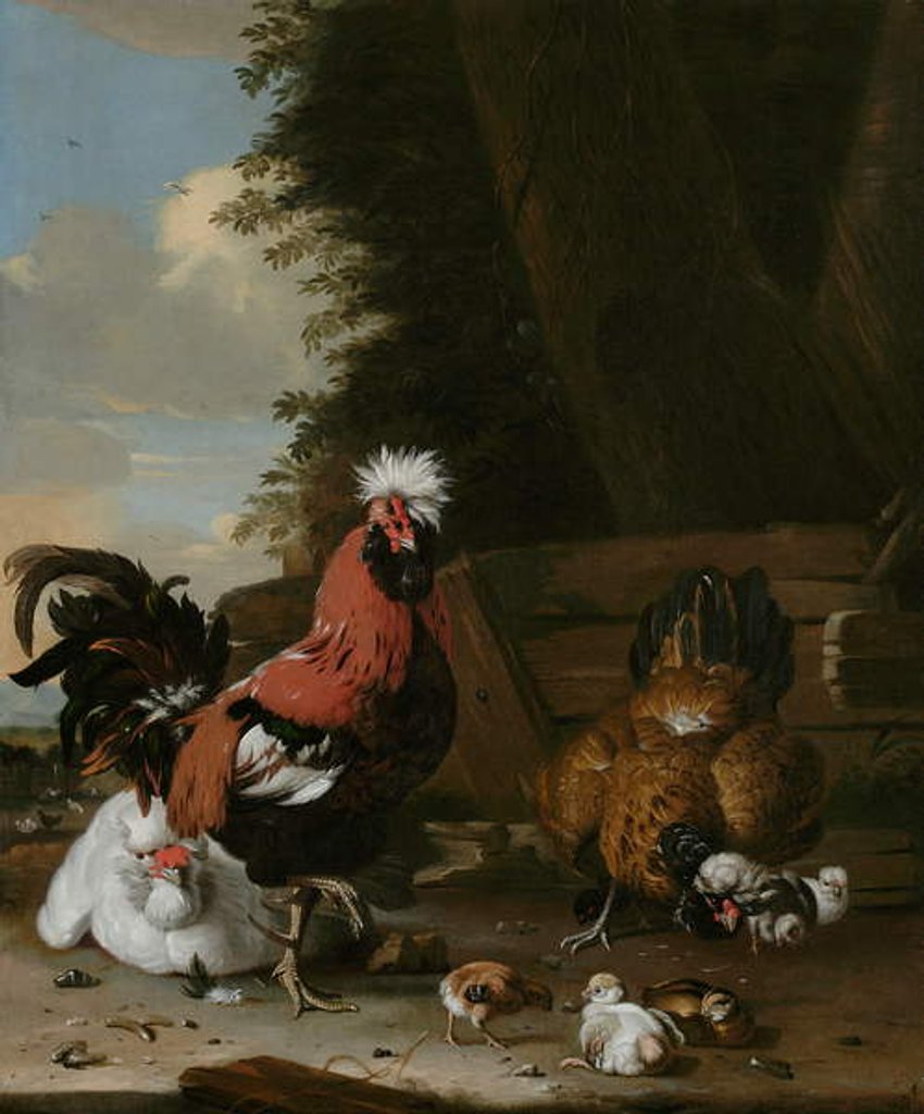Detail of A Bantam Cockerel with Hens and Chicks in a Farmyard by Melchior de Hondecoeter
