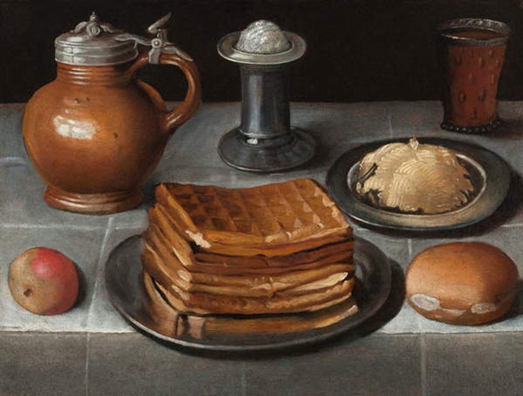 Detail of Waffles and butter on pewter plates with an apple, roll, jug, standing salt, and a beer glass with prunts on a cloth-covered table by German School