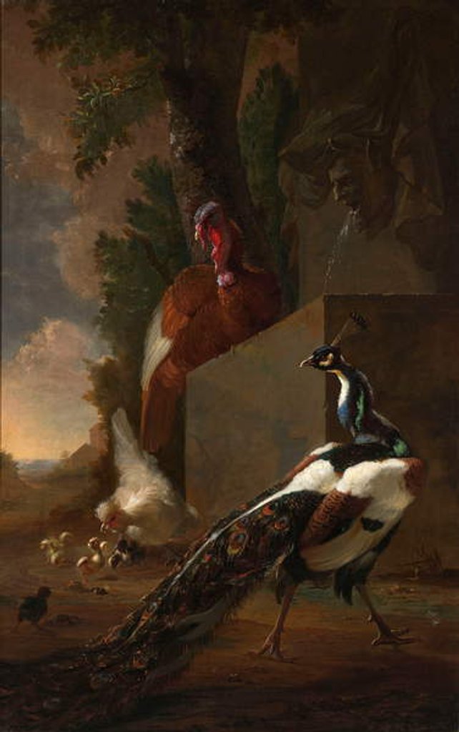 Detail of A Peacock, Turkey, and Chicken with her Chicks beside a Classical Fountain in a Landscape by Abraham Bisschop