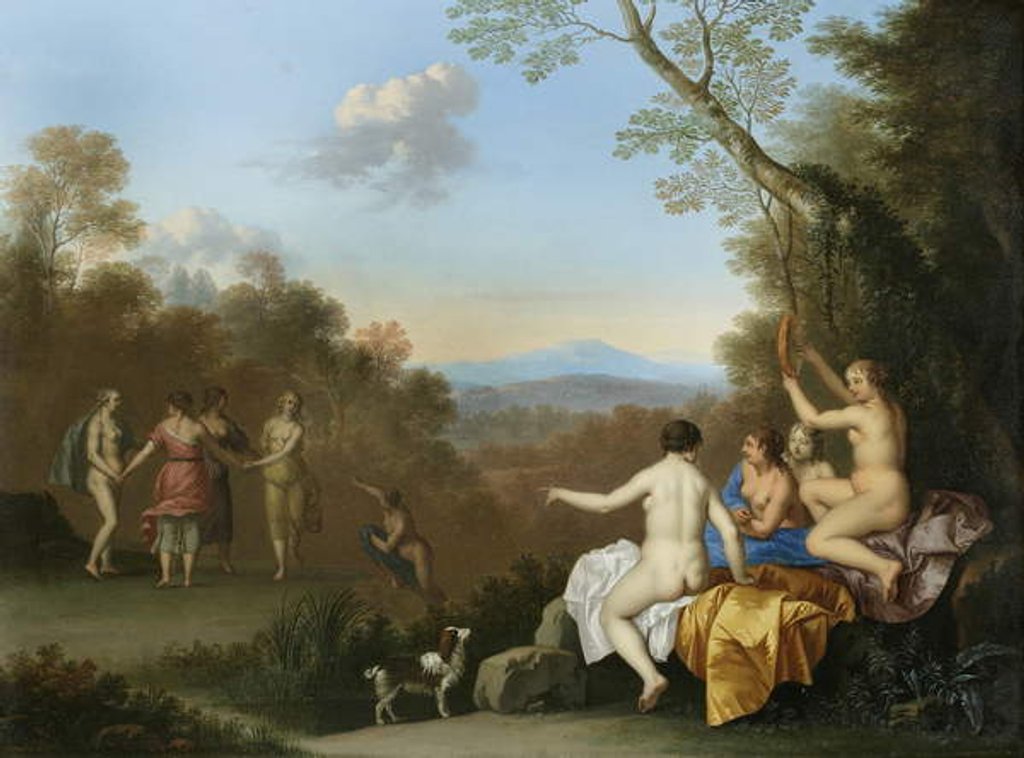 Detail of Nymphs Dancing and Making Music by a Pool on a Wooded Hilltop with the Apulian Shepherd by Daniel Vertangen