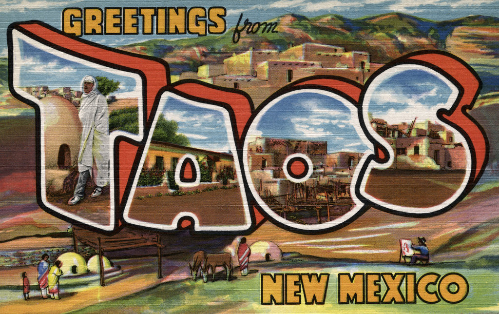 Detail of Greetings from Taos, New Mexico Postcard by Corbis