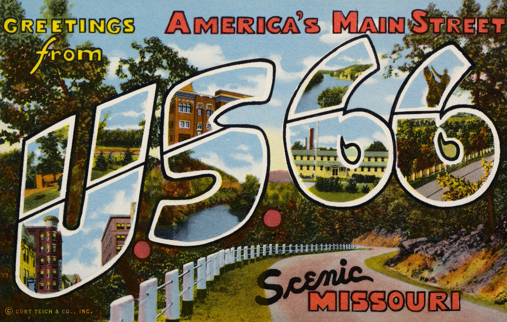 Detail of Greetings from U.S. 66 in Scenic Missouri Postcard by Corbis