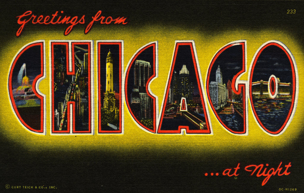 Detail of Greetings from Chicago at Night Postcard by Anonymous