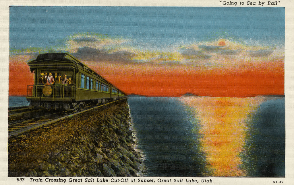 Detail of Postcard of Train Crossing Great Salt Lake by Anonymous