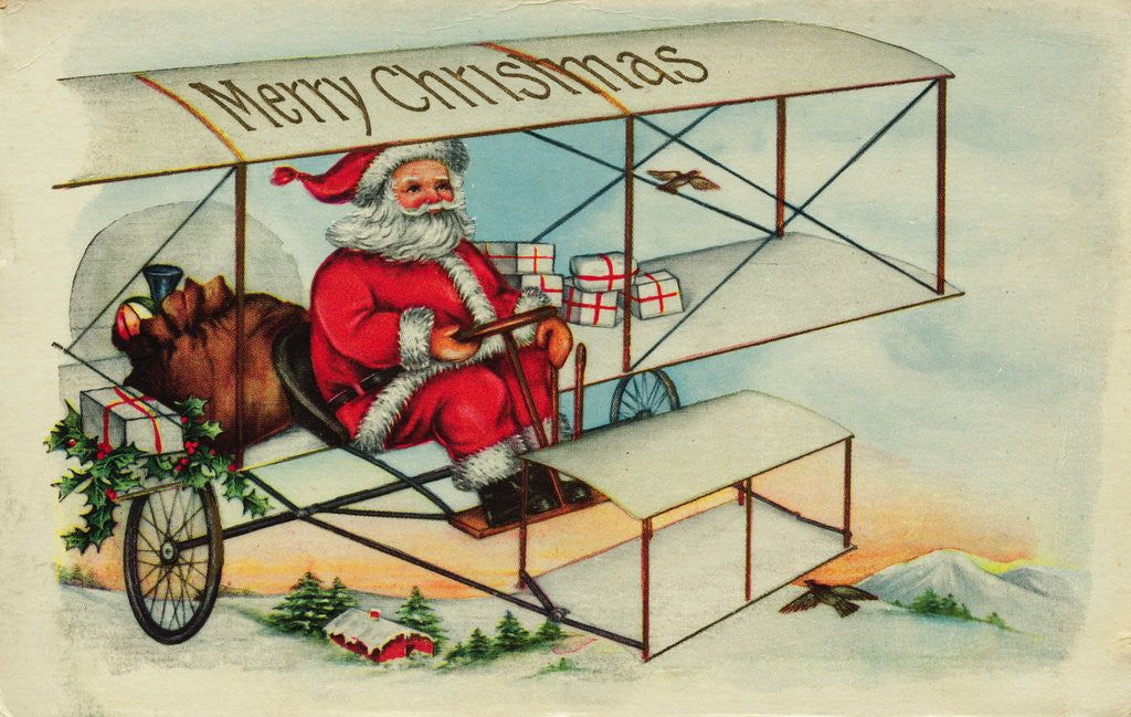 Detail of Postcard of Santa Claus Flying a Biplane by Corbis