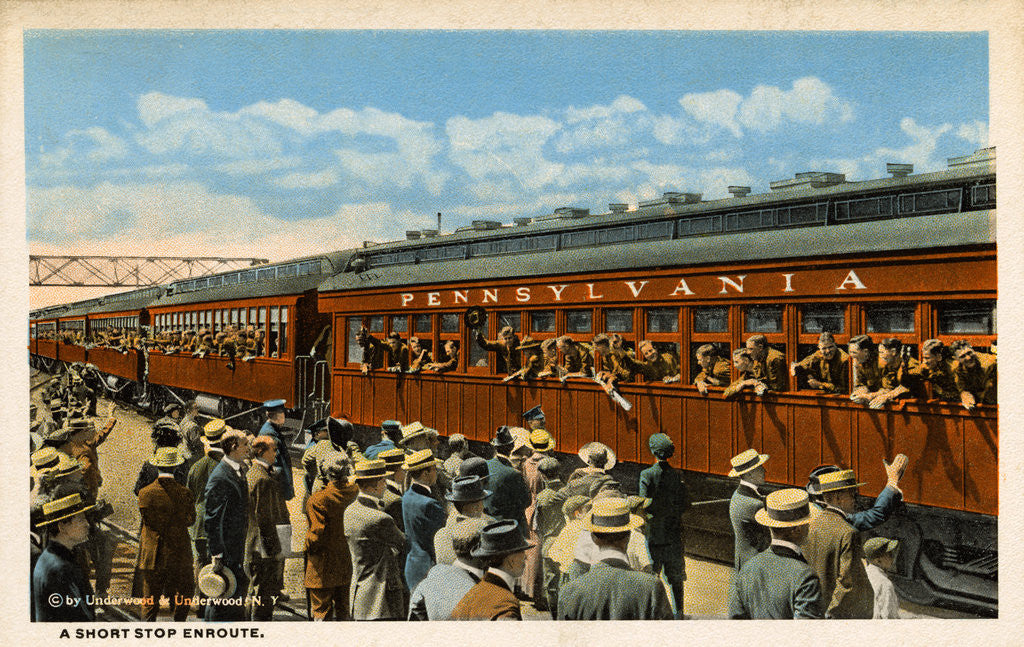 Detail of Postcard of Troops Waving from Passing Train by Anonymous