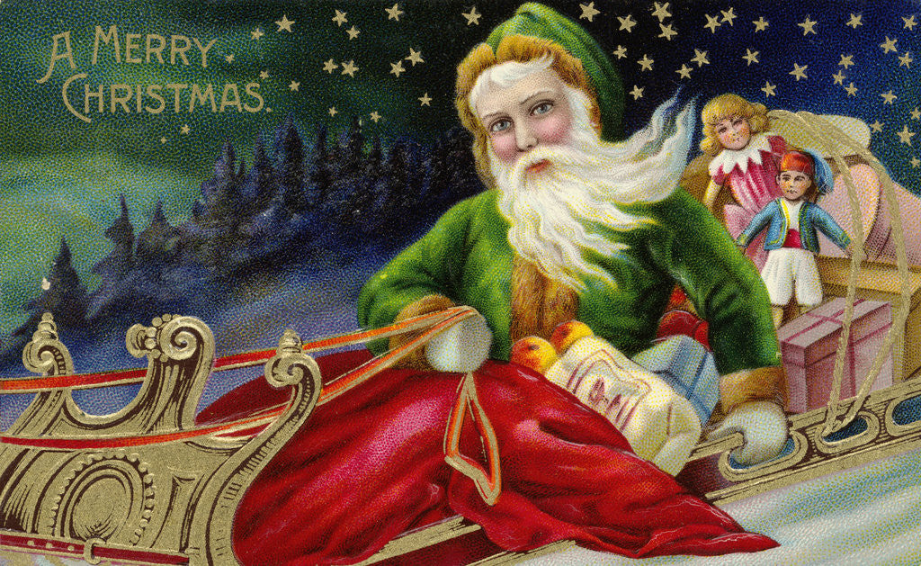 Detail of A Merry Christmas Postcard with Santa in a Sleigh by Corbis