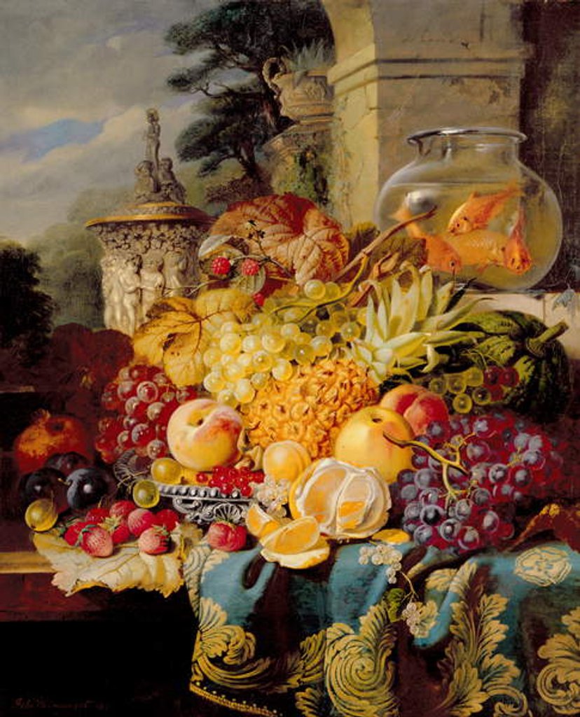Detail of Still life of fruit on a ledge with a goldfish bowl, 1876 by William John Wainwright