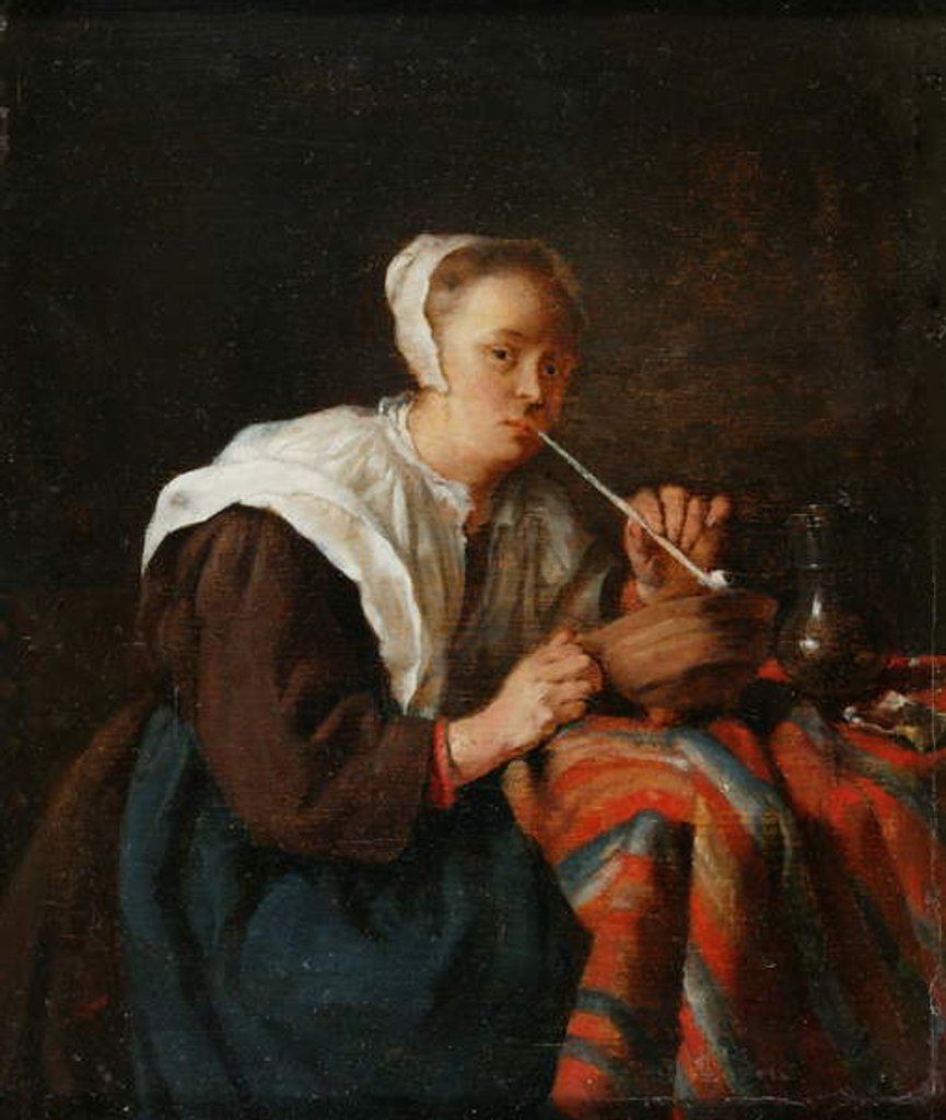 A woman seated smoking a pipe by Gabriel Metsu