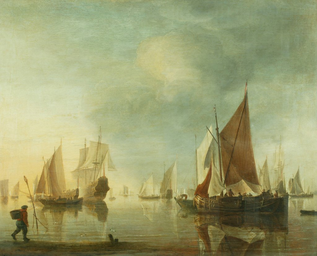 Detail of Shipping at anchor offshore in a calm sea; evening light, c.1650-60 by Hendrick Dubbels