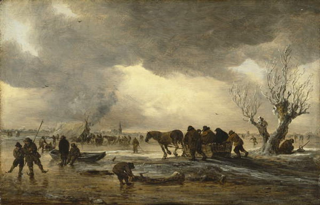 Detail of Winter scene with a sledge in the foreground and figures gathering round a tent on the ice, 1653 by Jan Josephsz van Goyen