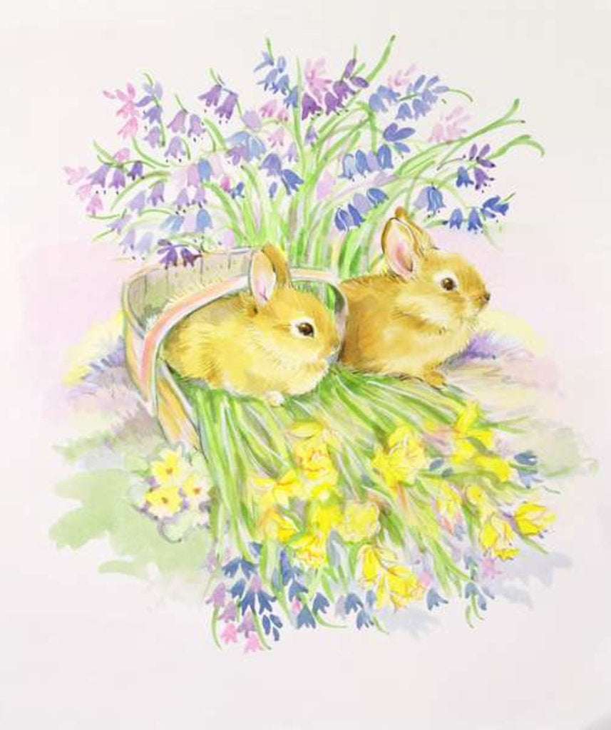 Detail of Rabbits in a basket with Daffodils and Bluebells by Diane Matthes