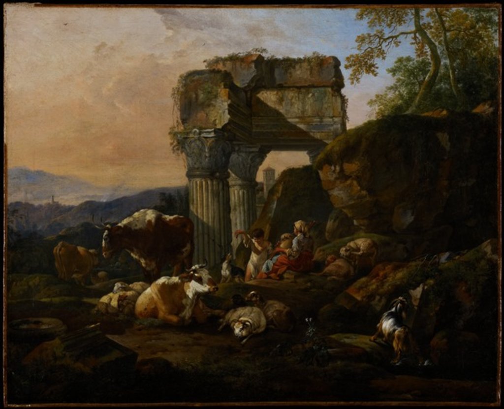 Detail of Roman Landscape with Cattle and Shepherds, 1676 by Johann Heinrich Roos