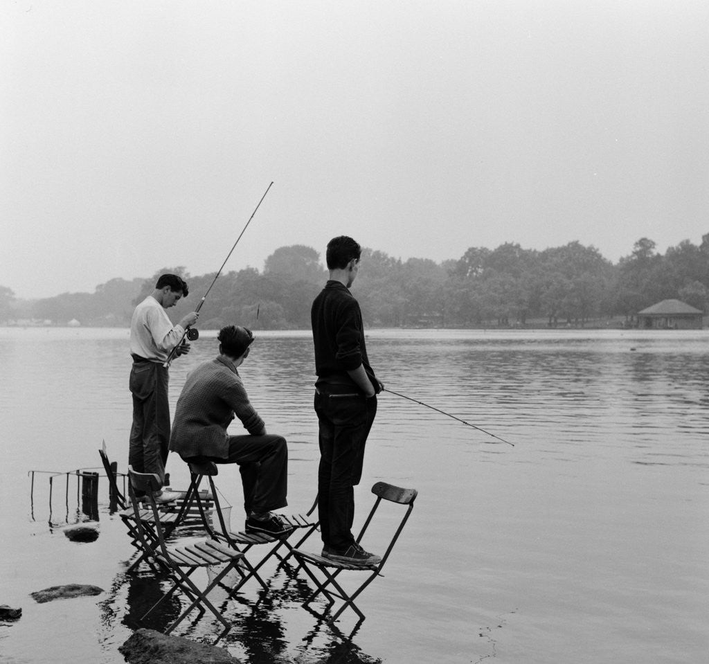 Detail of Boys fishing on the Serpentine in London's Hyde Park by Anonymous